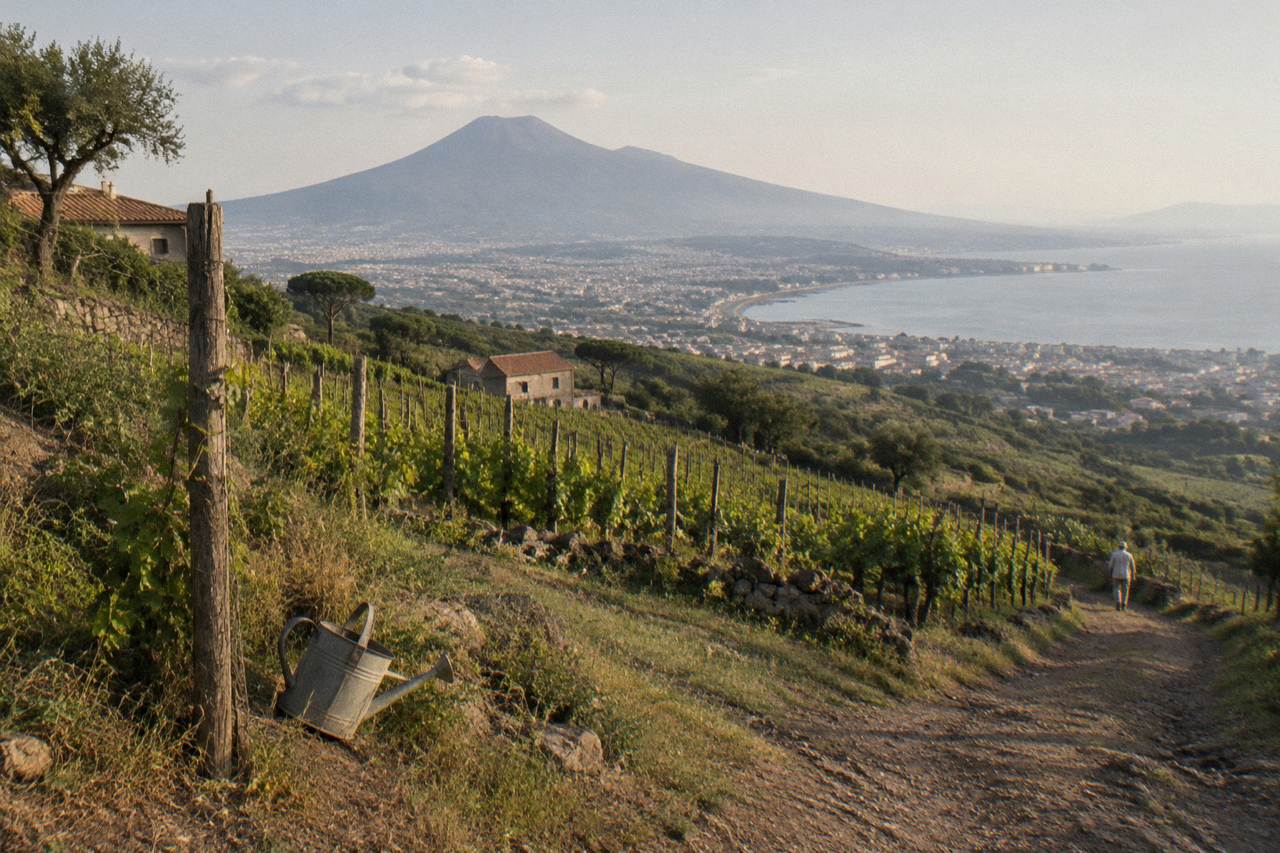 View across vineyards on the slopes toward the conical peak of Vesuvius above the Bay of Naples